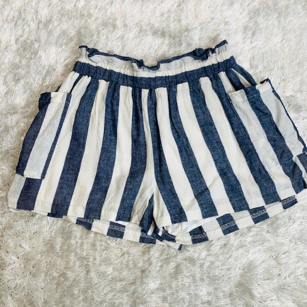 Aqua Blue White Striped Paperbag Waist Shorts Sz Medium Nautical Coastal